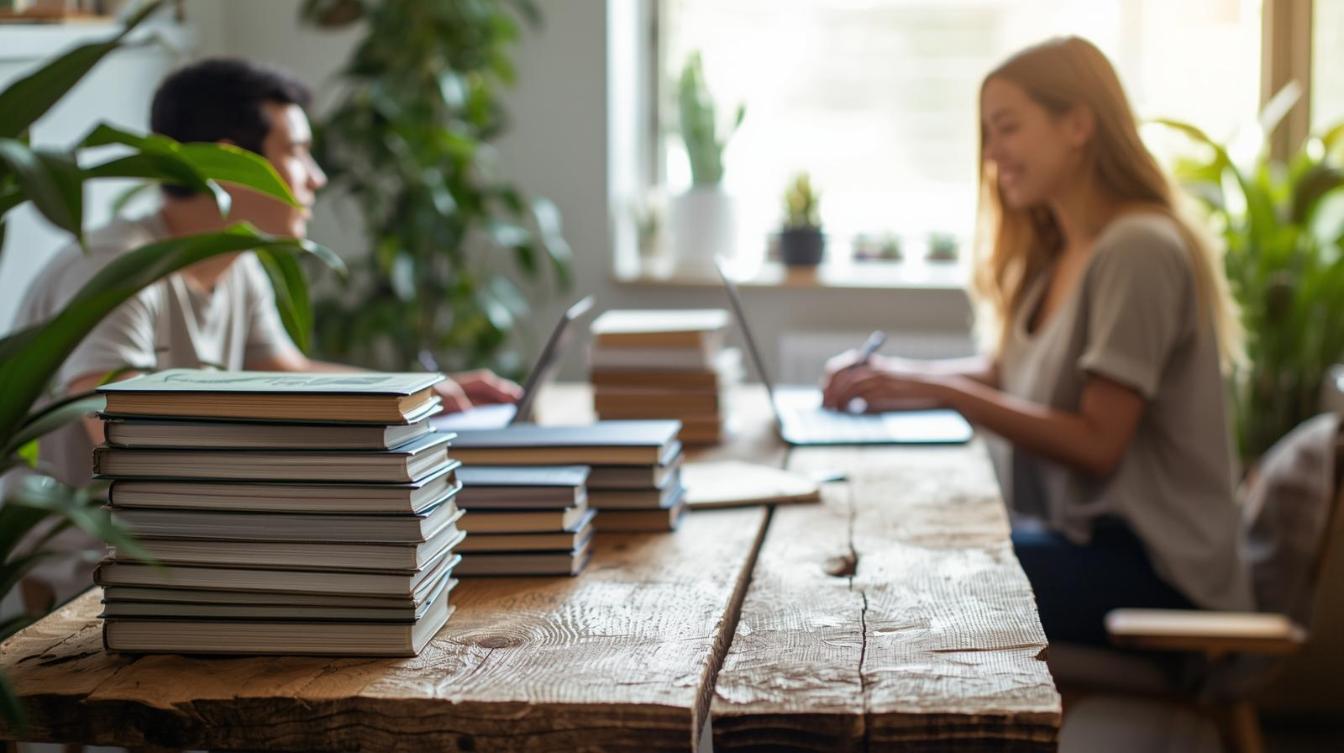 Eco-friendly publishing workspace blending digital creativity with sustainable book production practices indoors.