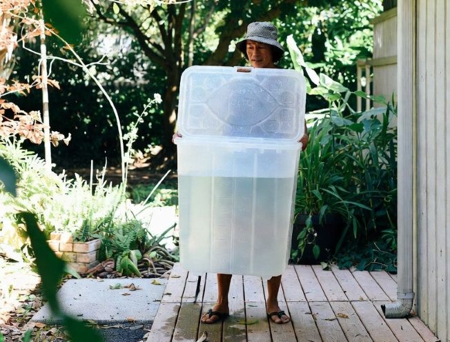 collecting rainwater with a green garden in the background