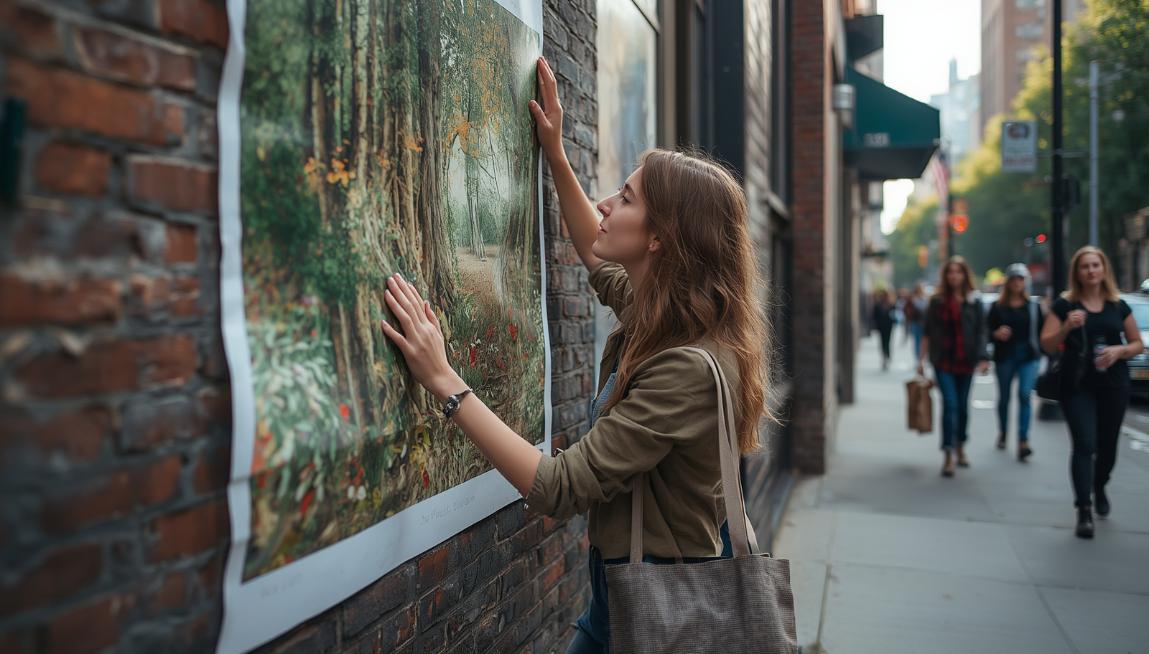 A focused woman installs a nature poster on a sunlit New York City brick wall.