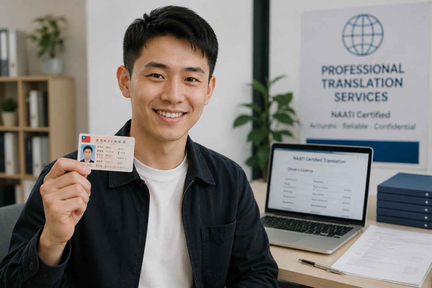 Taiwanese driver holding license while using professional translation services in eco-friendly workspace.